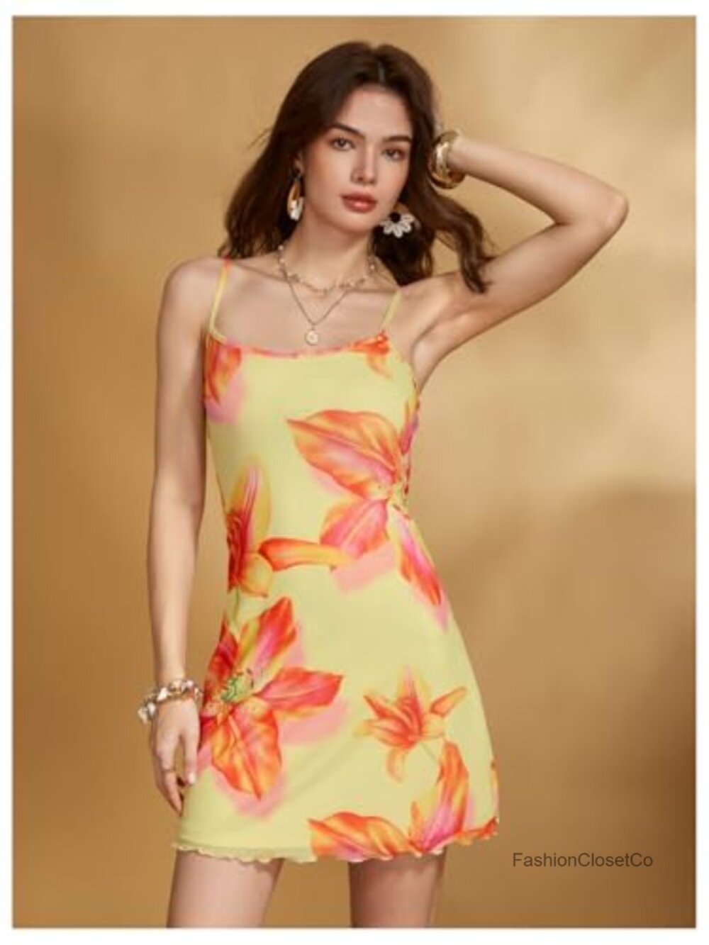 Spaghetti Strap Cowl Neck Satin Mini Dress - Tropical Print - Picture 5 of 6